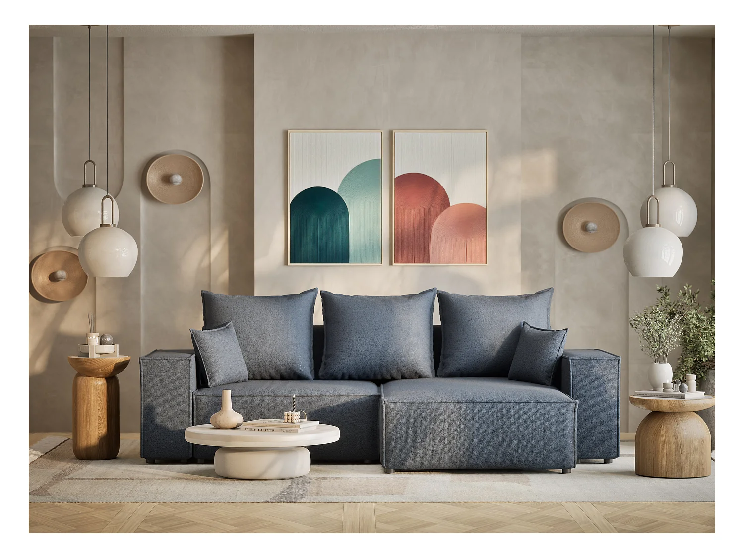 Canapé d'angle convertible Moyo im tissu tresse - 3 places - bleu gris
