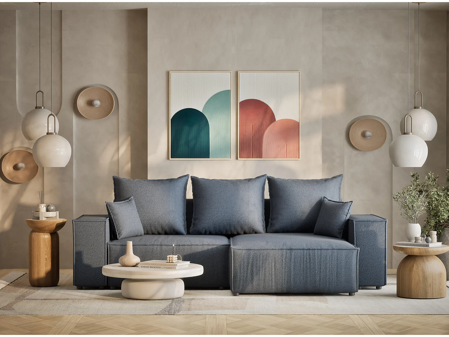 Canapé d'angle convertible Moyo im tissu tresse - 3 places - bleu gris