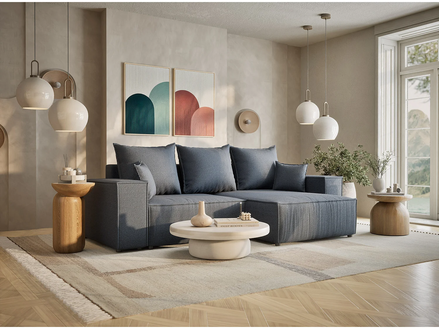 Canapé d'angle convertible Moyo im tissu tresse - 3 places - bleu gris