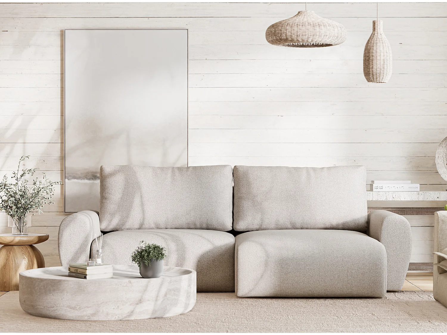 Ecksofa mit Schlaffunktion Numba aus Webstoff - Drei-Personen - beige