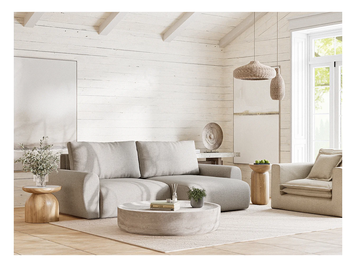 Ecksofa mit Schlaffunktion Numba aus Webstoff - Drei-Personen - beige