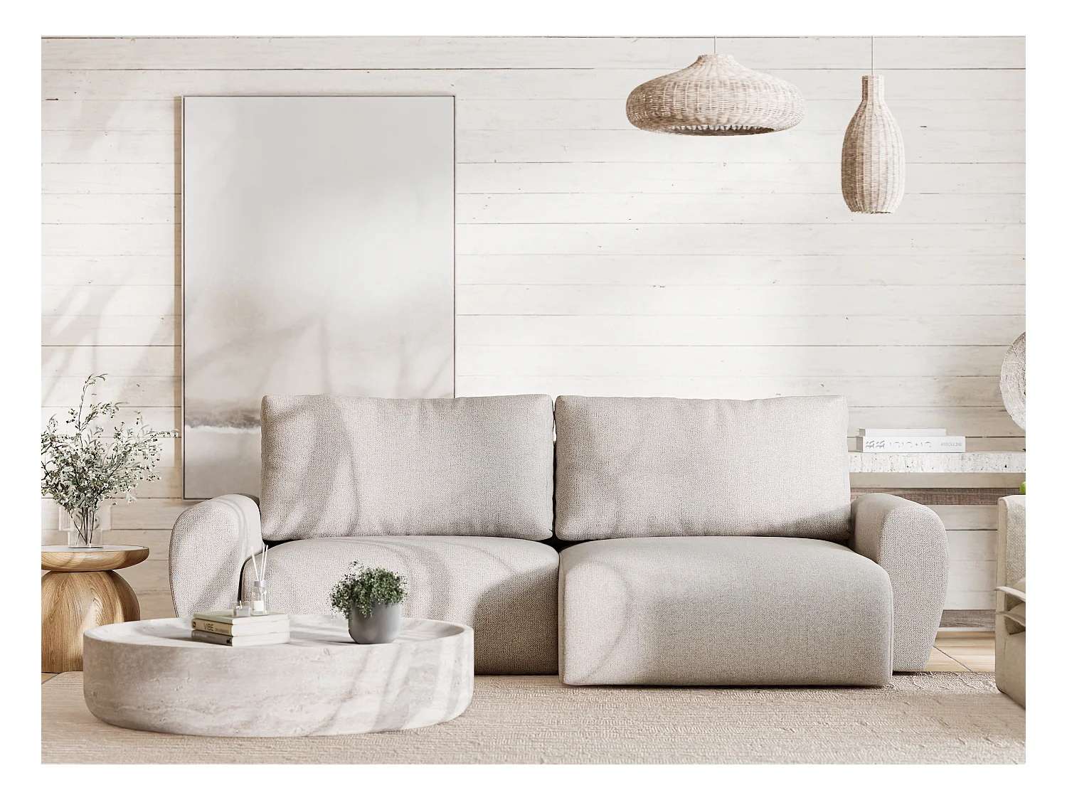 Ecksofa mit Schlaffunktion Numba aus Webstoff - Drei-Personen - beige