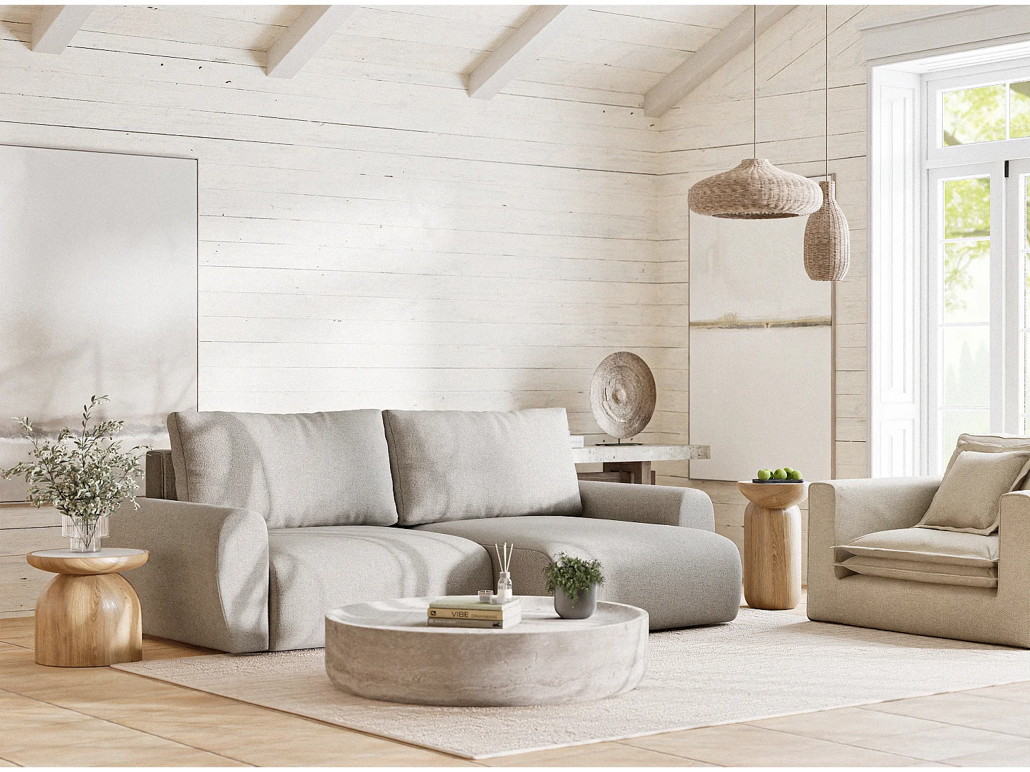 Ecksofa mit Schlaffunktion Numba aus Webstoff - Drei-Personen - beige