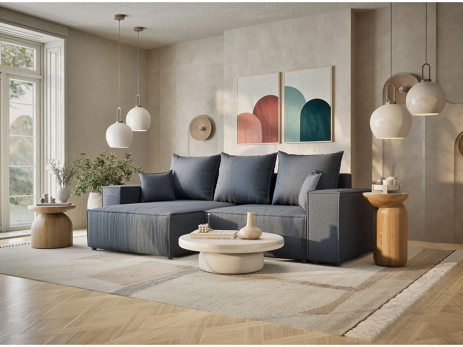 Narożnik z funkcją spania Moyo w tkaninie plecionej - trzyosobowy - niebieskoszary