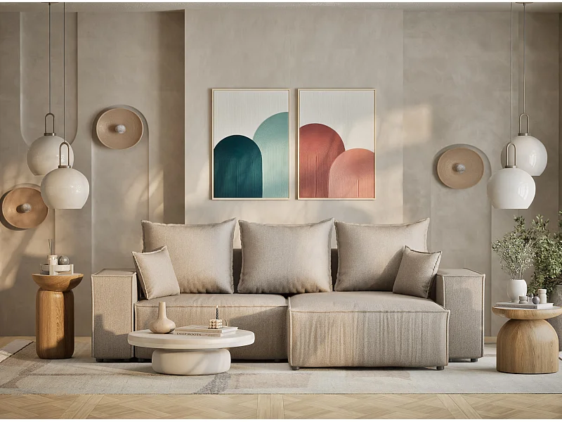 Ecksofa mit Schlaffunktion Moyo aus Webstoff - Drei-Personen - beige