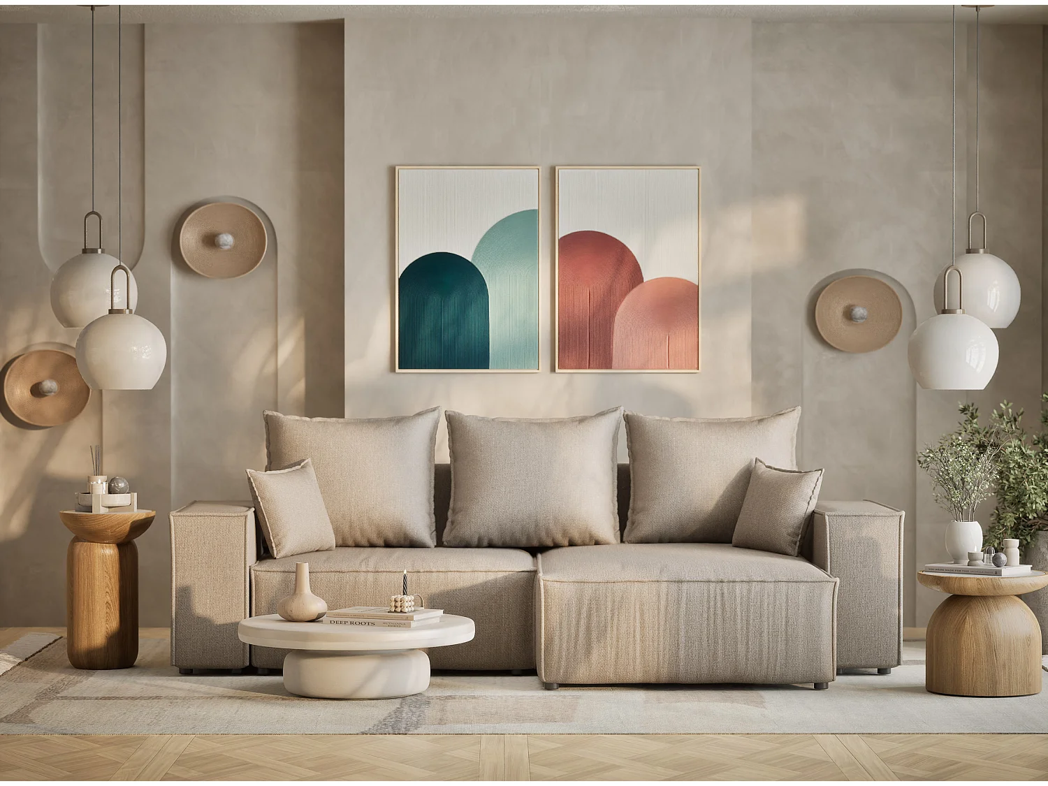 Canapé d'angle convertible Moyo im tissu tresse - 3 places - beige