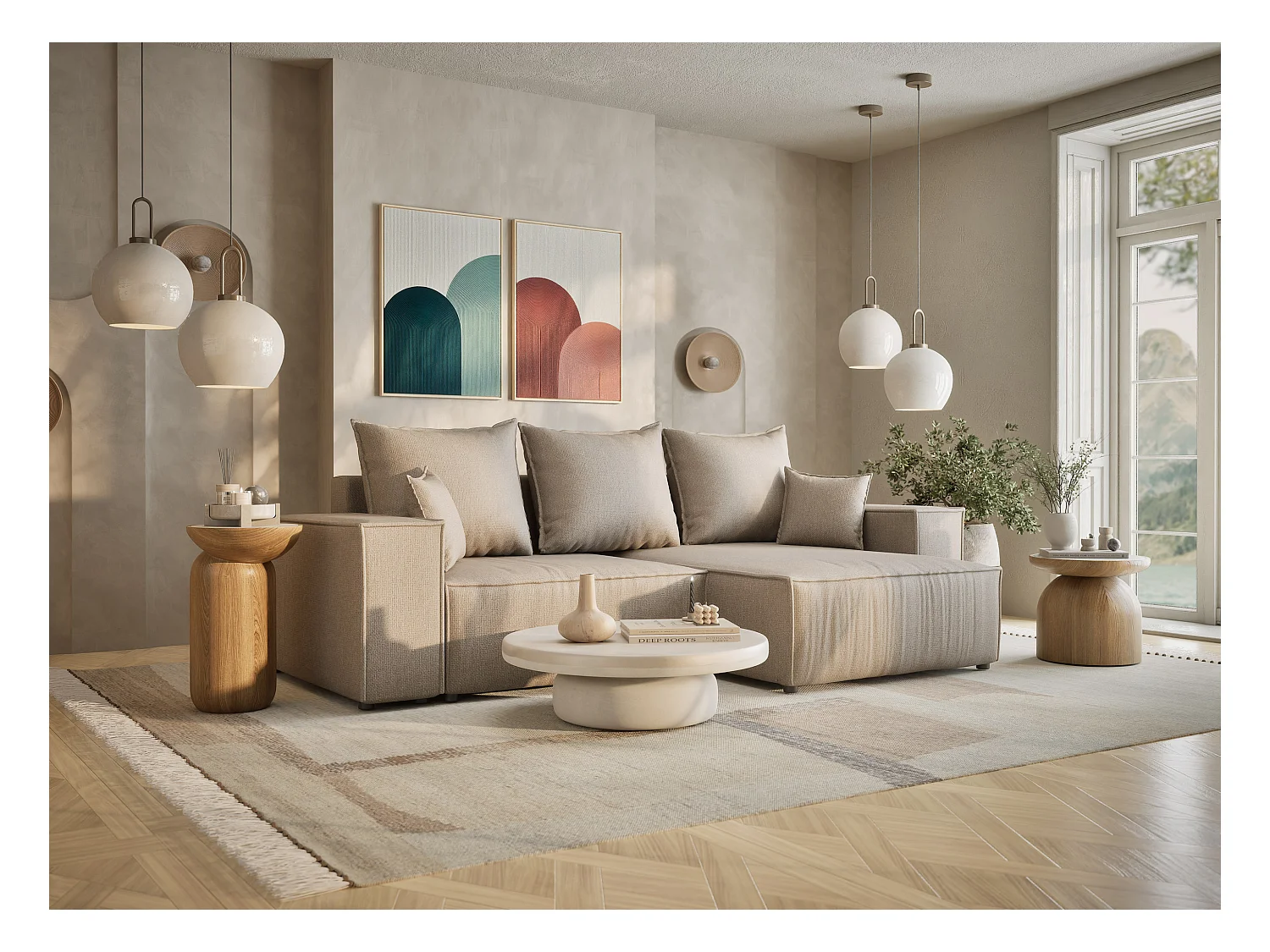 Canapé d'angle convertible Moyo im tissu tresse - 3 places - beige