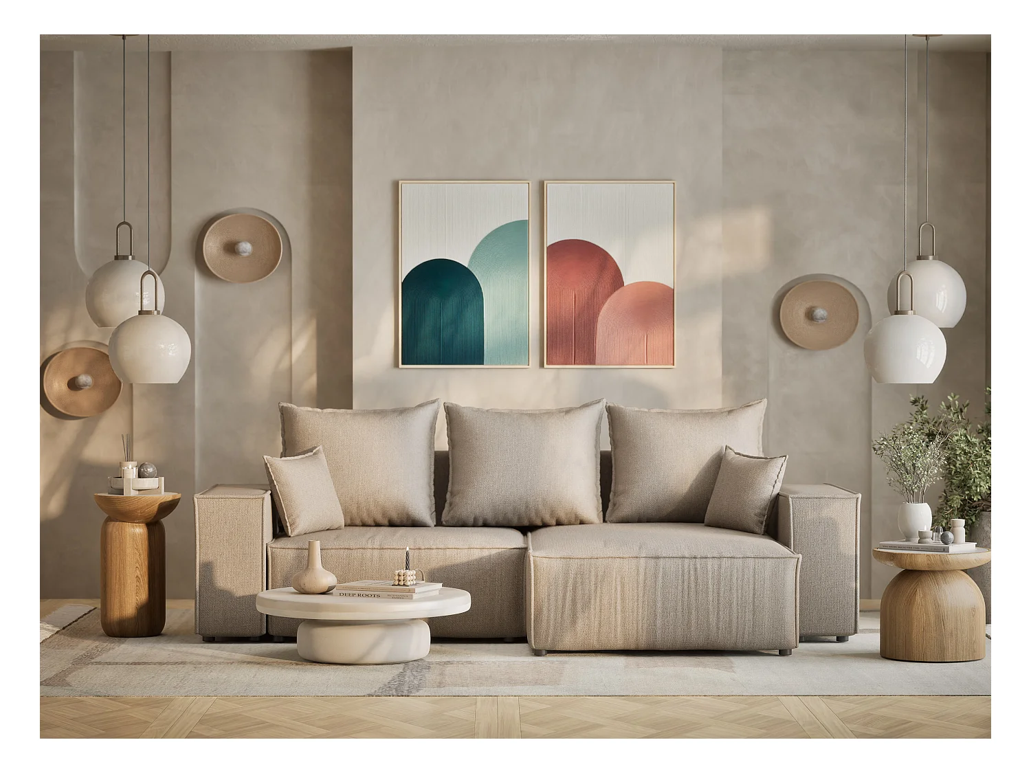 Ecksofa mit Schlaffunktion Moyo aus Webstoff - Drei-Personen - beige