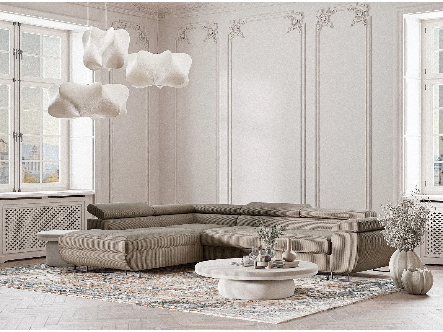 Canapé d'angle convertible Concord im tissu de velours - 5 places - beige