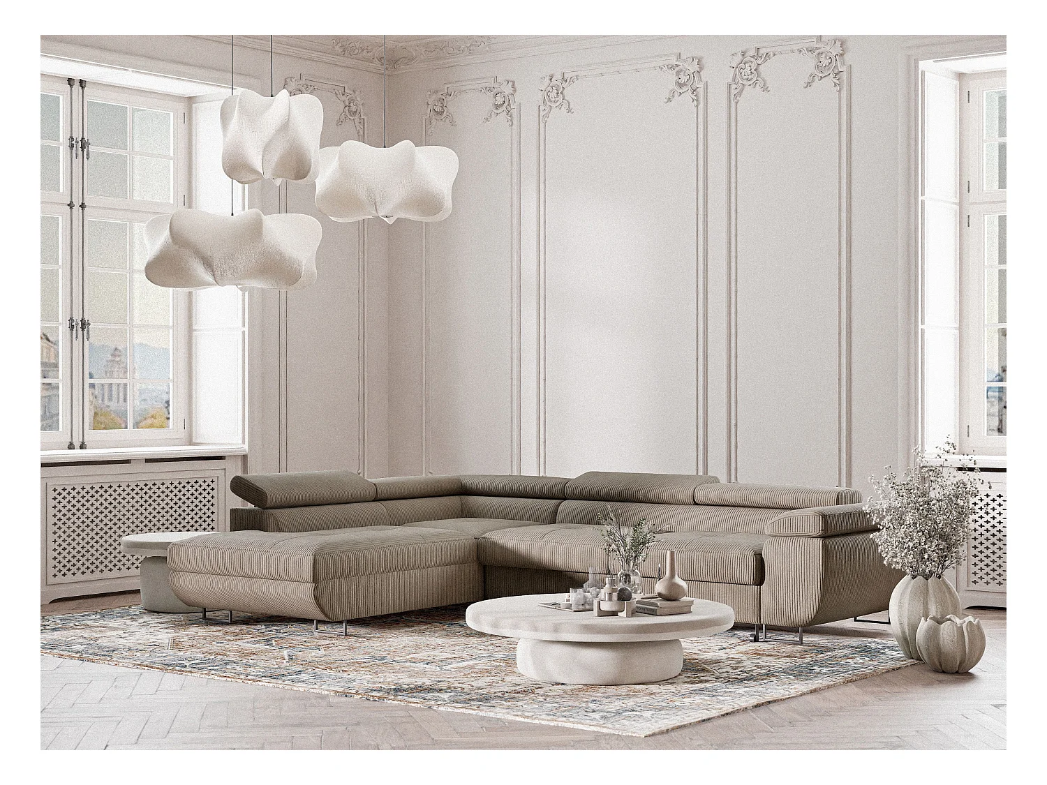 Canapé d'angle convertible Concord im tissu de velours - 5 places - beige