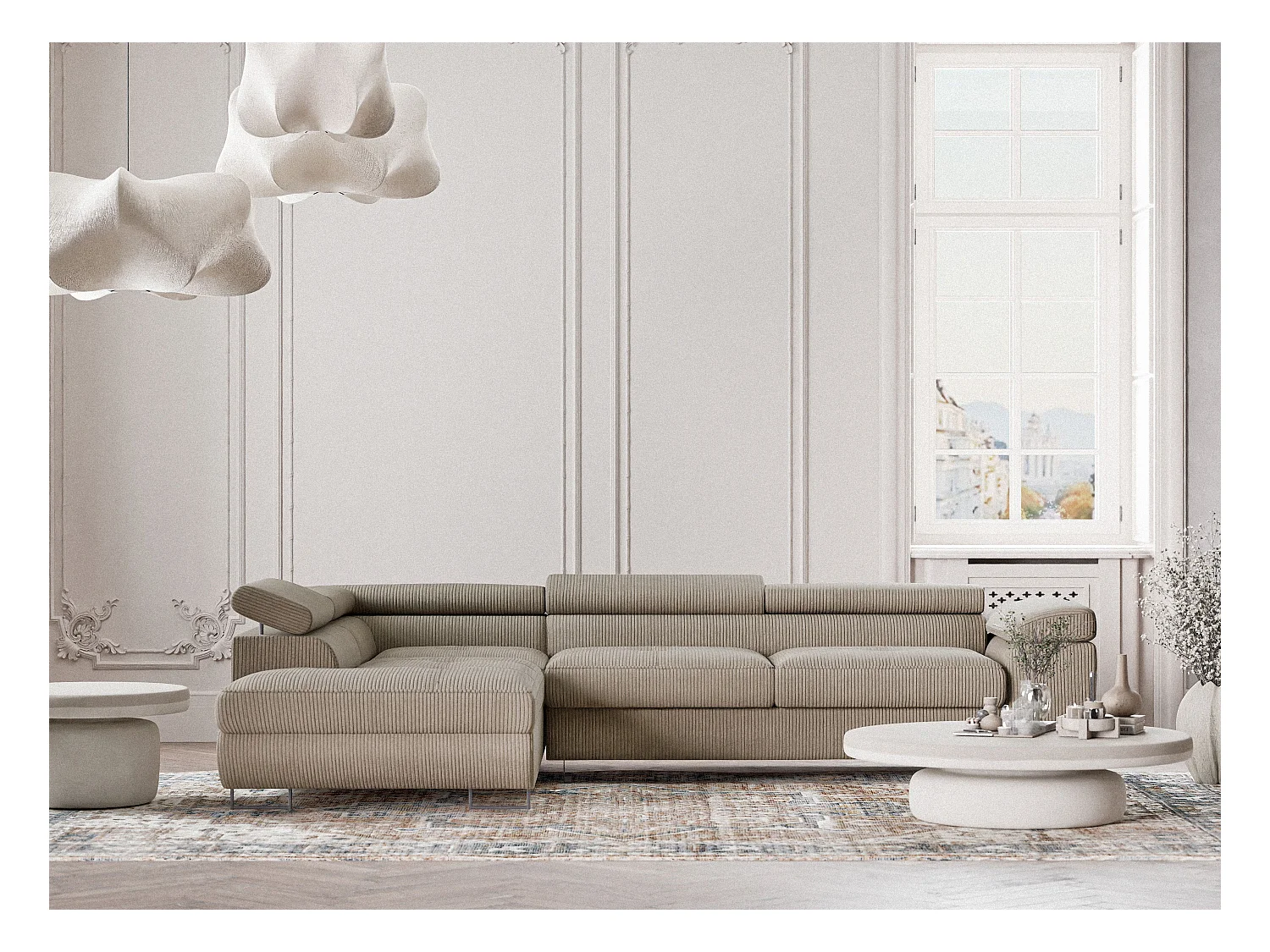 Canapé d'angle convertible Concord im tissu de velours - 5 places - beige