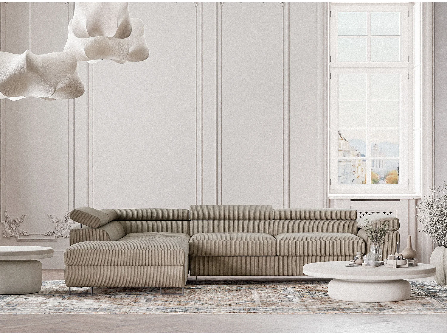 Canapé d'angle convertible Concord im tissu de velours - 5 places - beige