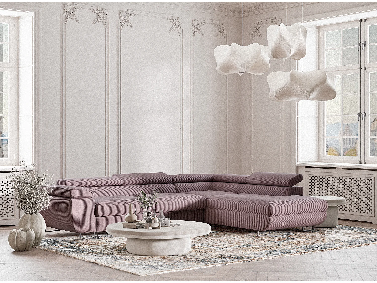 Canapé d'angle convertible Concord im tissu de velours - 5 places - violet