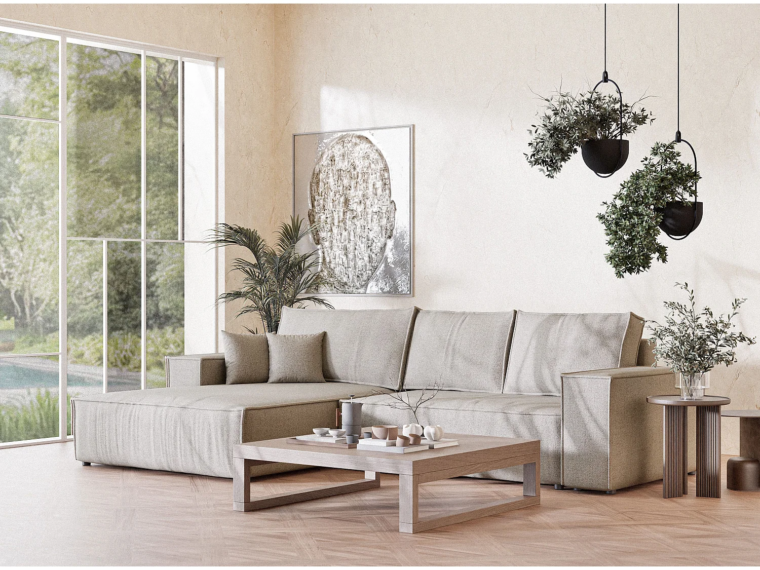 Canapé d'angle convertible Maze im tissu tresse - 5 places - beige