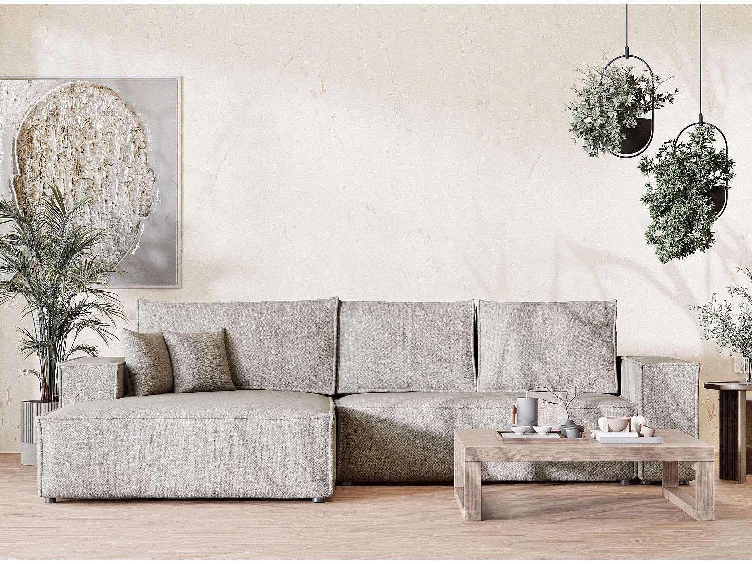 Canapé d'angle convertible Maze im tissu tresse - 5 places - beige