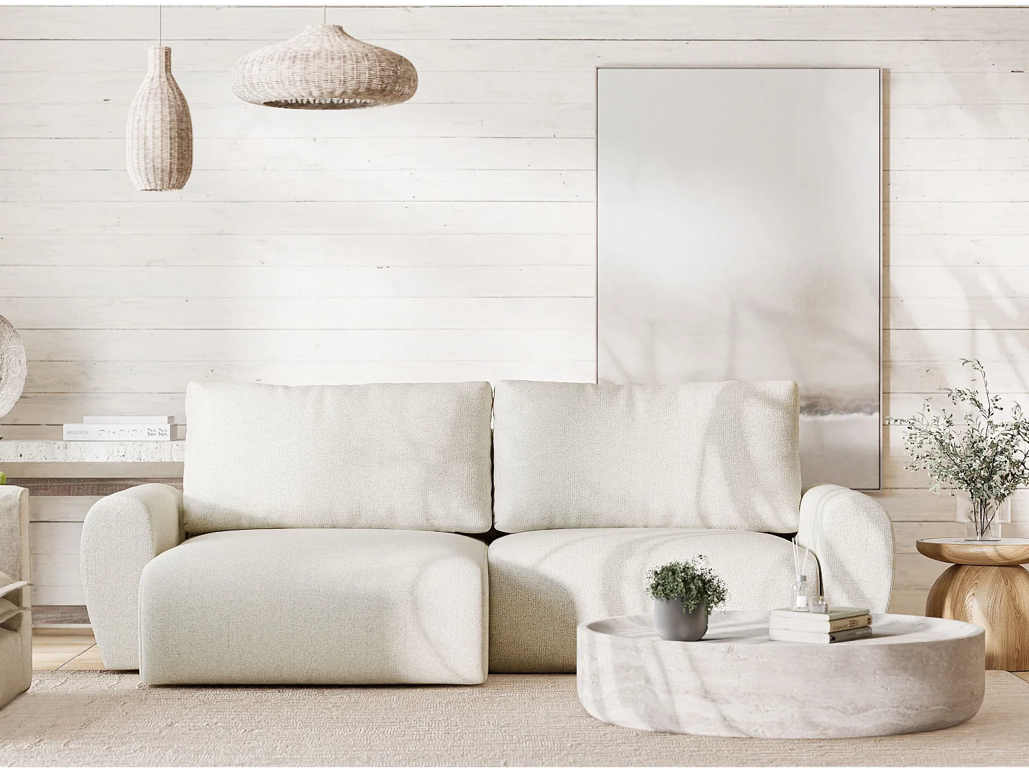 Canapé d'angle convertible Numba im tissu tresse - 3 places - creme