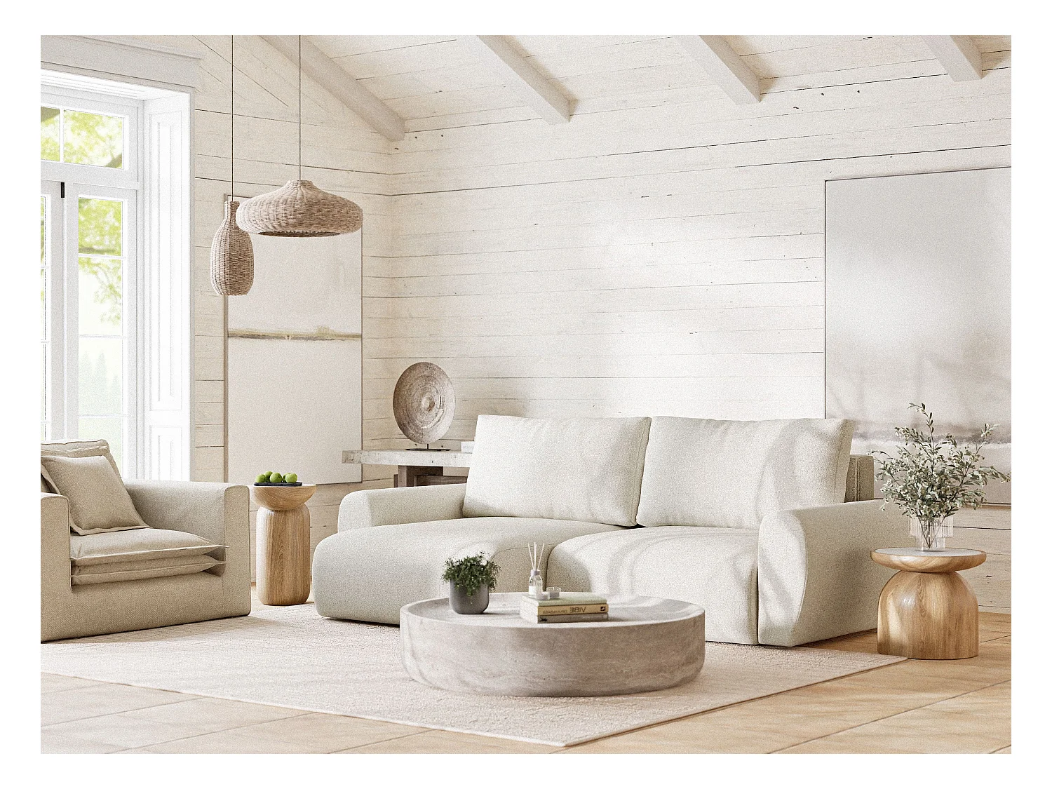 Canapé d'angle convertible Numba im tissu tresse - 3 places - creme