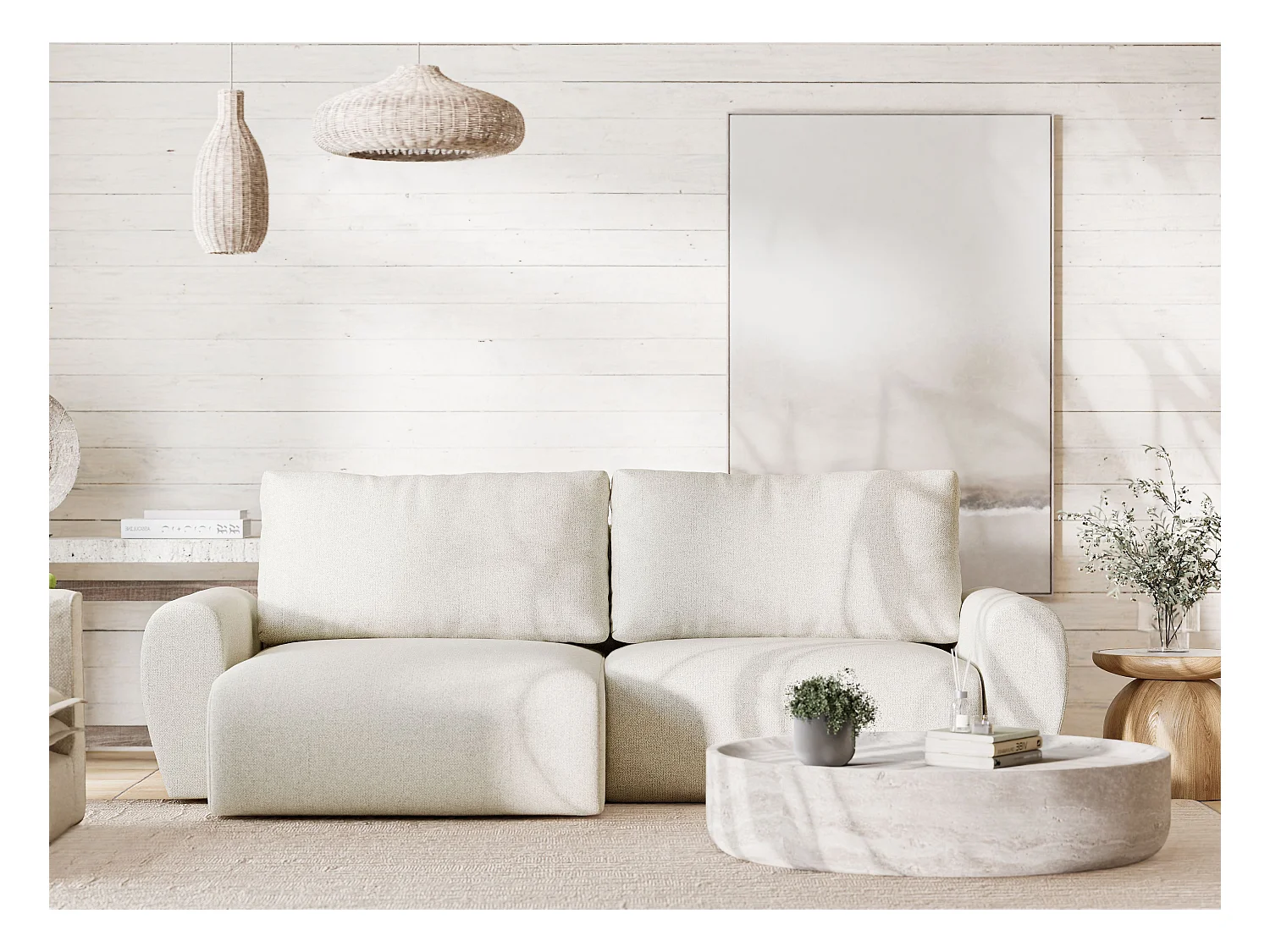 Ecksofa mit Schlaffunktion Numba aus Webstoff - Drei-Personen - creme