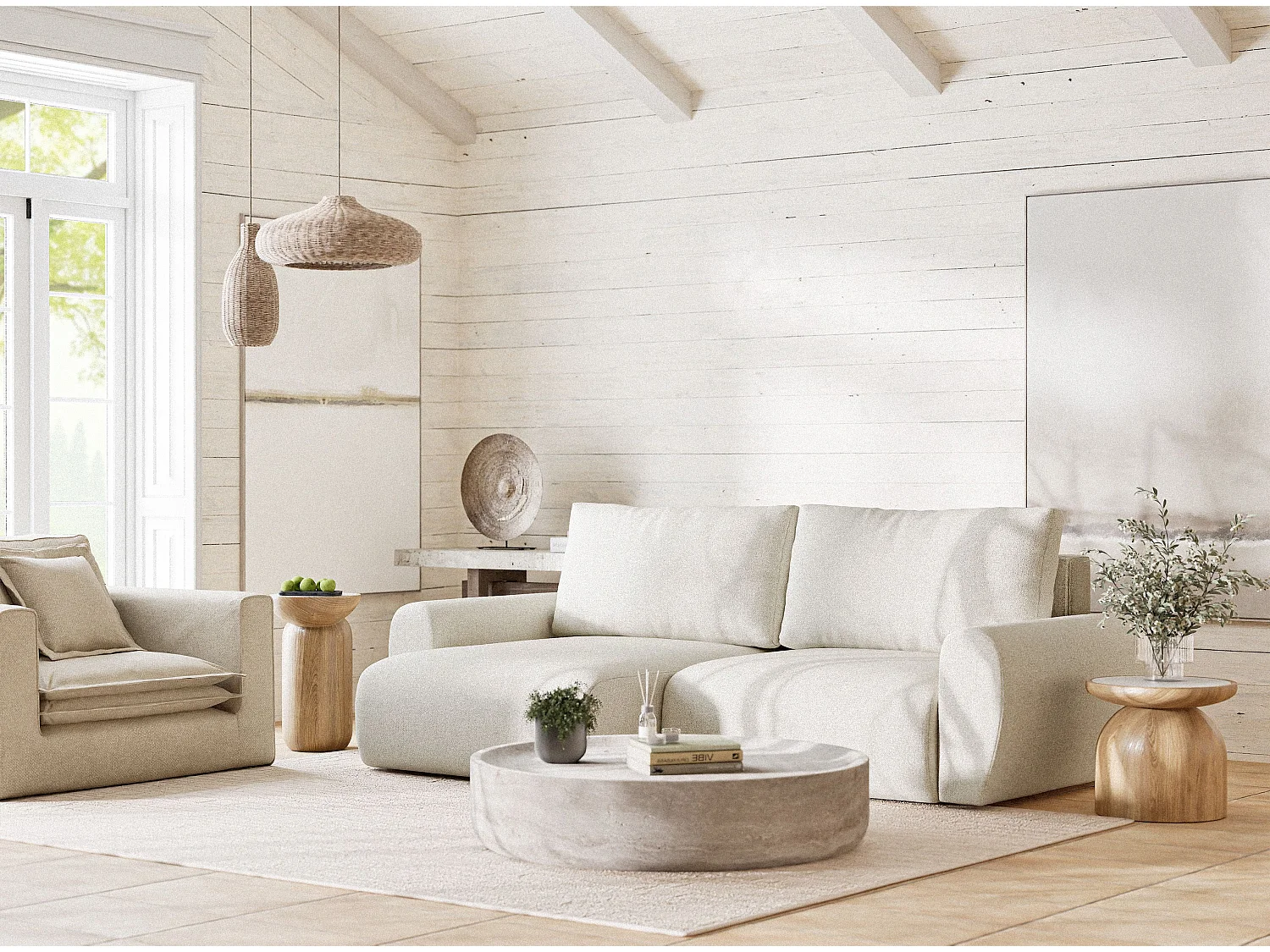 Ecksofa mit Schlaffunktion Numba aus Webstoff - Drei-Personen - creme