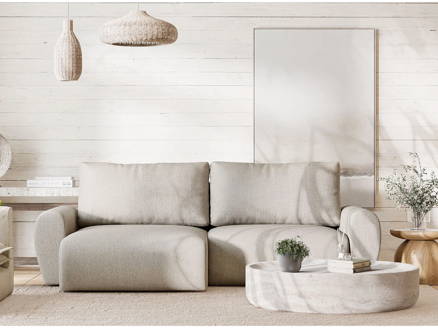 Canapé d'angle convertible Numba im tissu tresse - 3 places - beige