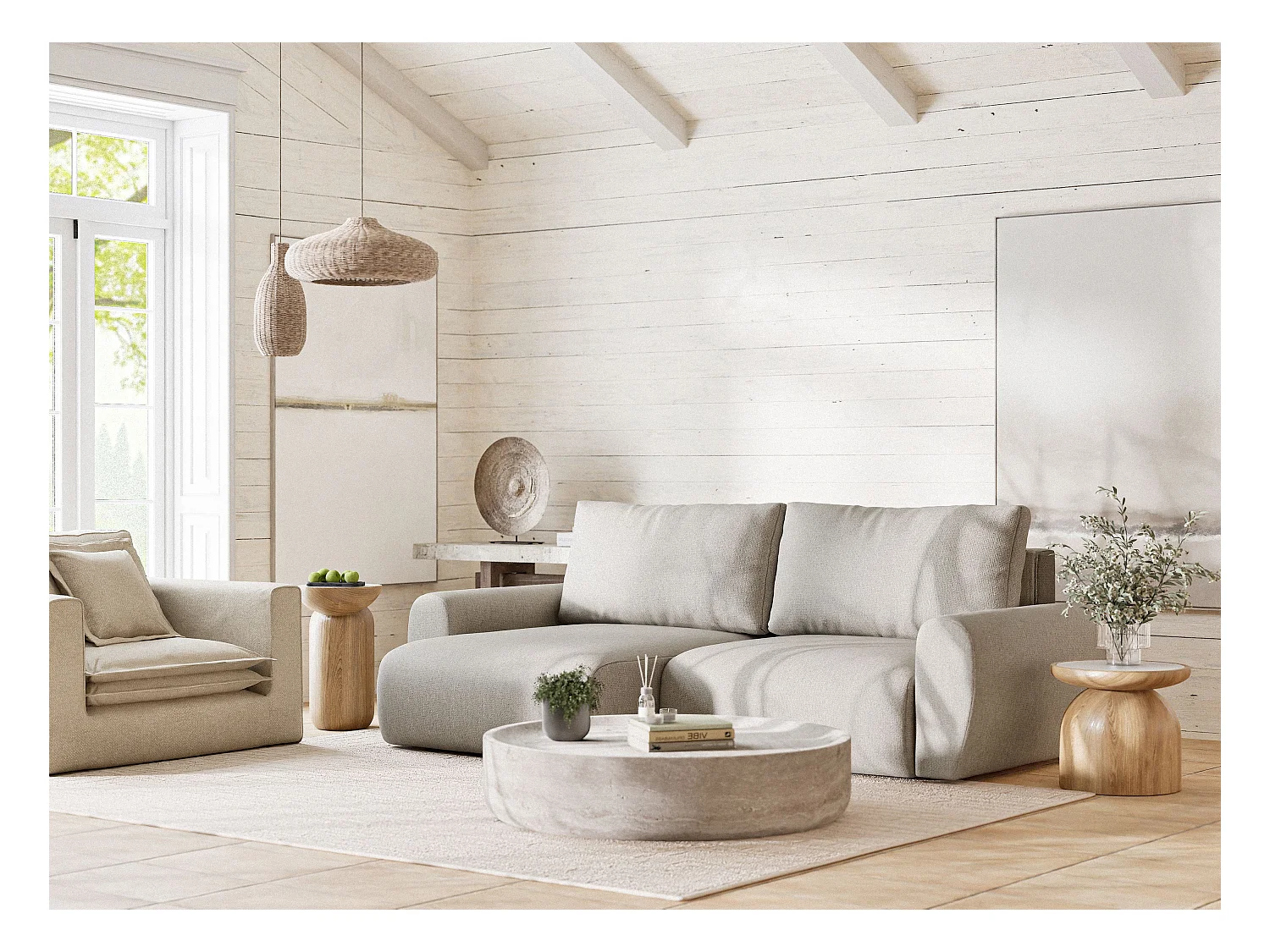 Canapé d'angle convertible Numba im tissu tresse - 3 places - beige