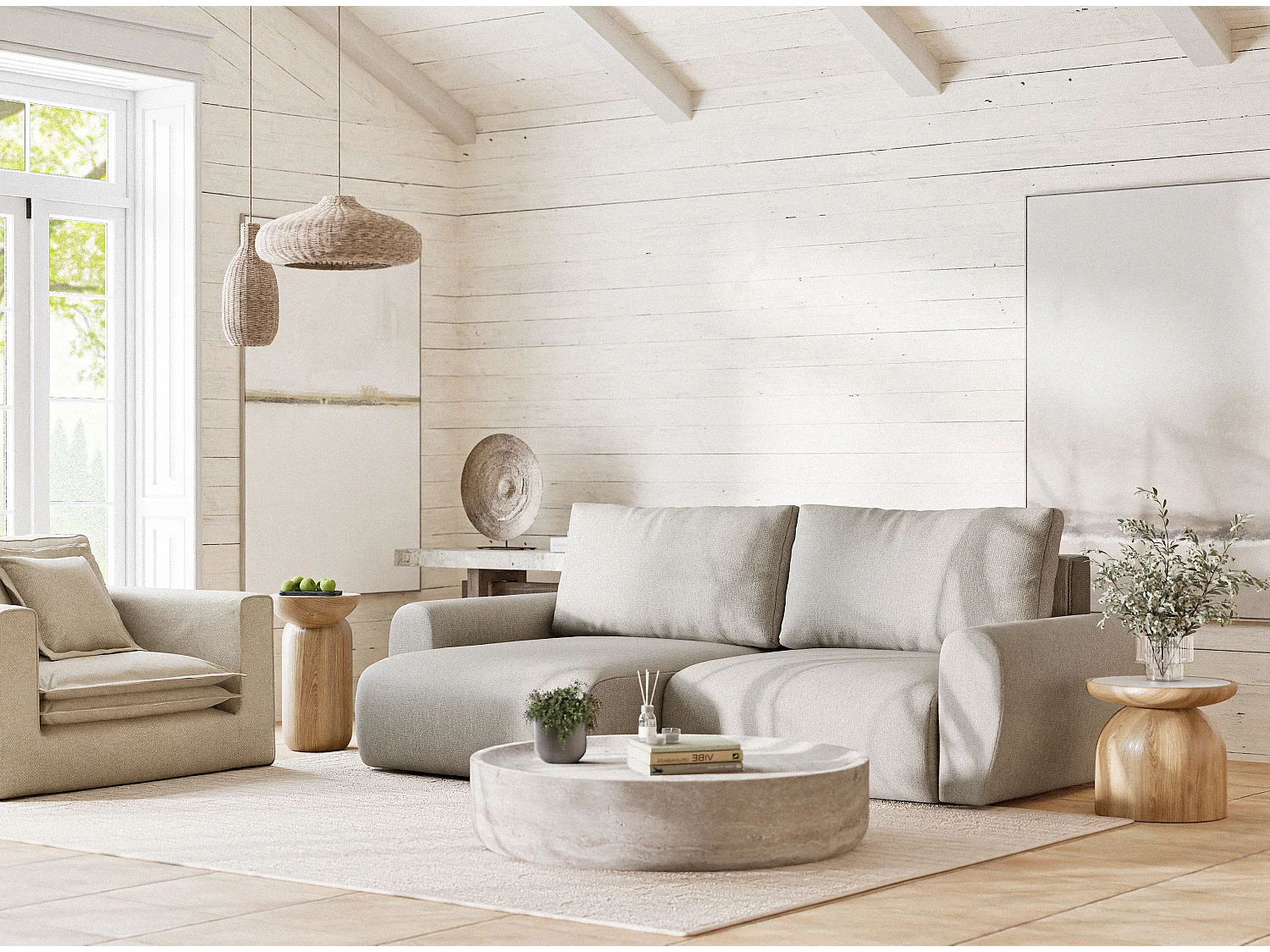 Ecksofa mit Schlaffunktion Numba aus Webstoff - Drei-Personen - beige