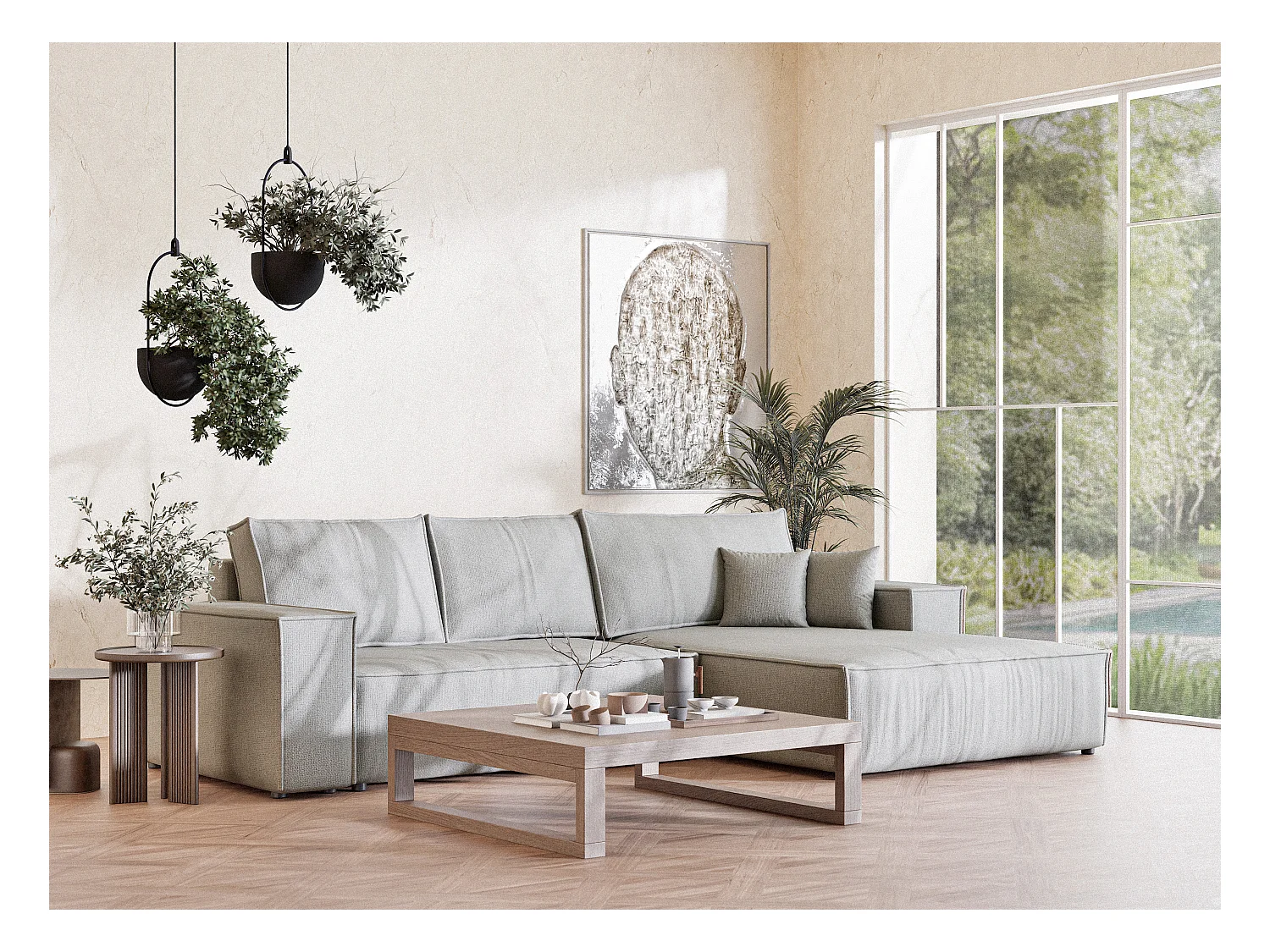 Canapé d'angle convertible Maze im tissu tresse - 5 places - gris clair