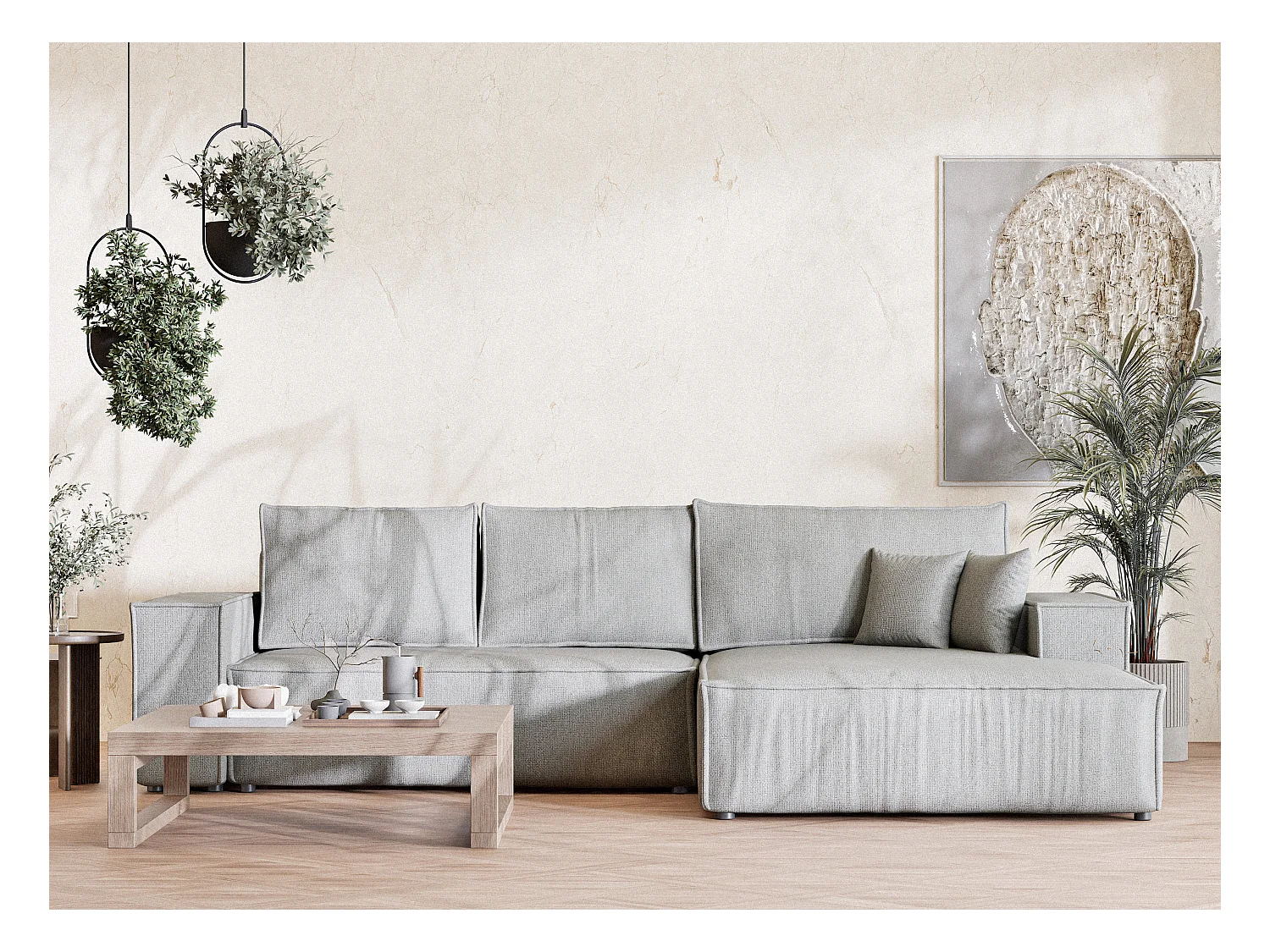 Canapé d'angle convertible Maze im tissu tresse - 5 places - gris clair