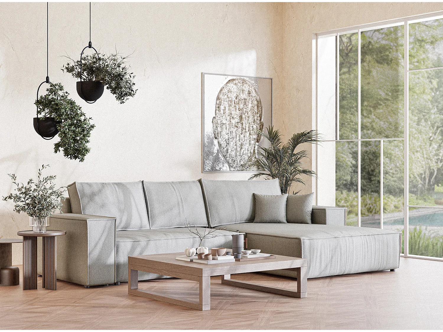 Canapé d'angle convertible Maze im tissu tresse - 5 places - gris clair