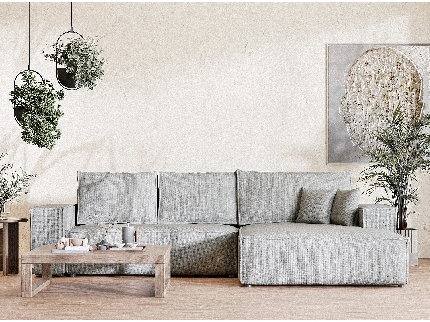 Canapé d'angle convertible Maze im tissu tresse - 5 places - gris clair