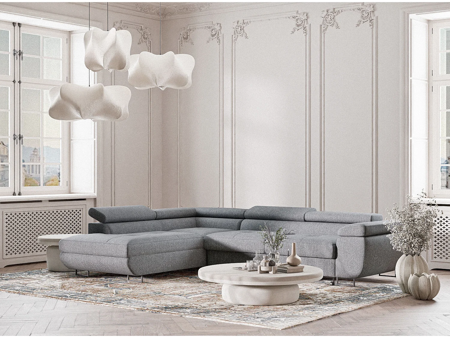 Canapé d'angle convertible Concord im tissu tresse - 5 places - gris