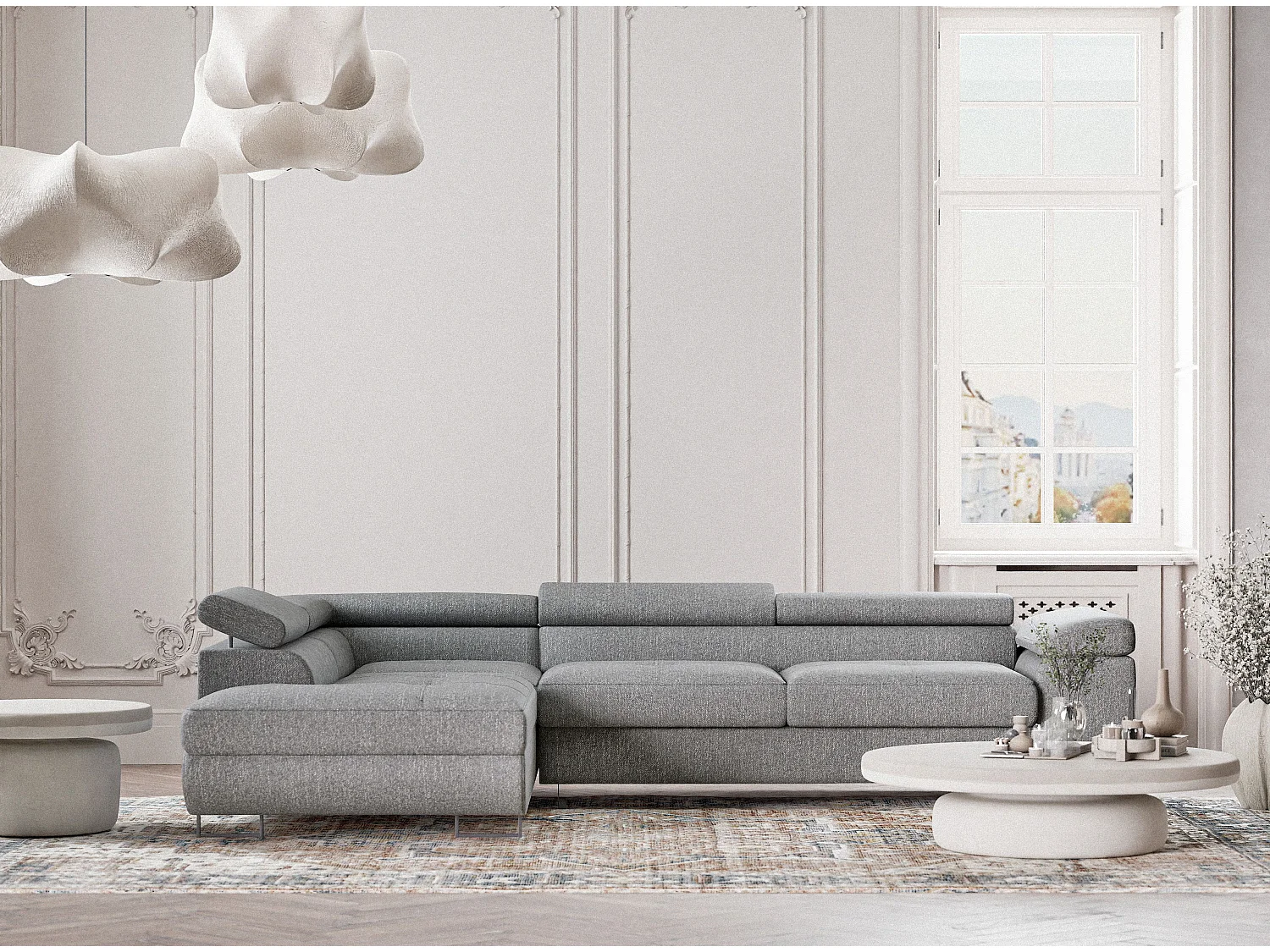 Canapé d'angle convertible Concord im tissu tresse - 5 places - gris