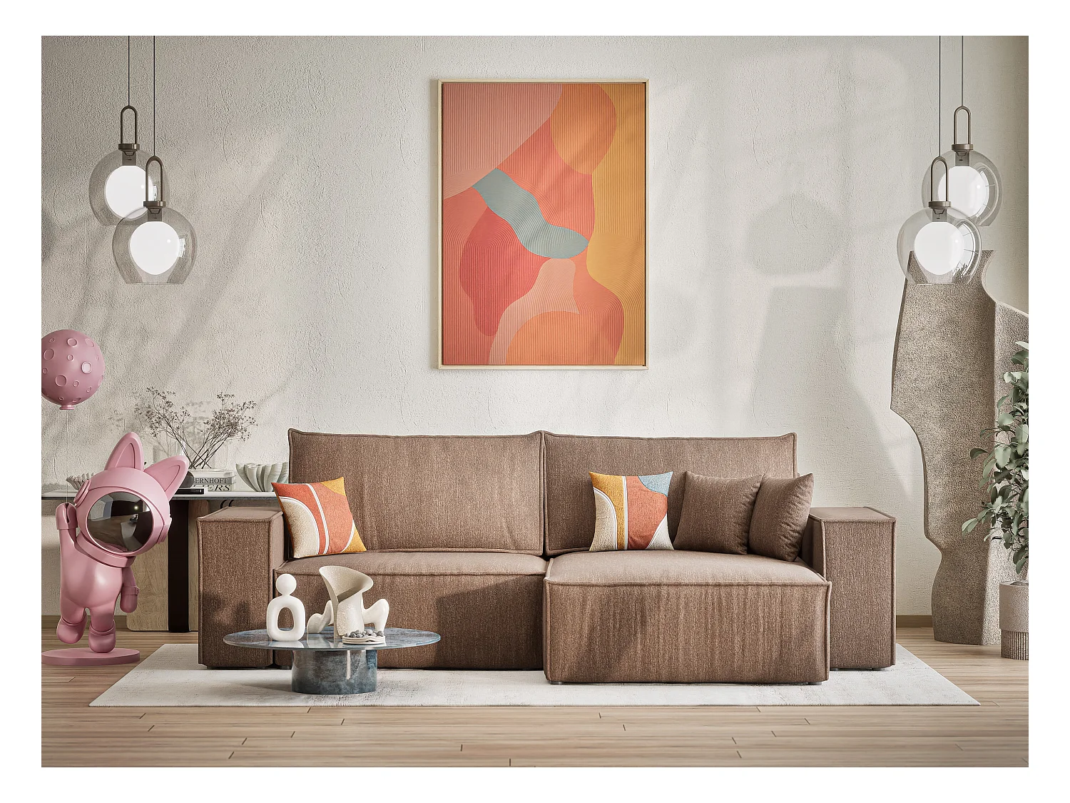 Canapé d'angle convertible Zaya im tissu tresse - 3 places - brun