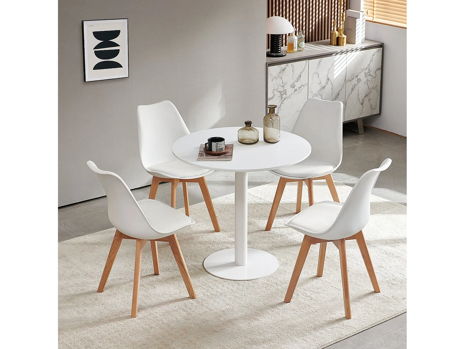 Table à Manger Ronde Moderne, Table Basse avec Plateau Marbré Blanc, Pour Cuisine, Salon, Café Simple avec Plateau marbré-Blanc