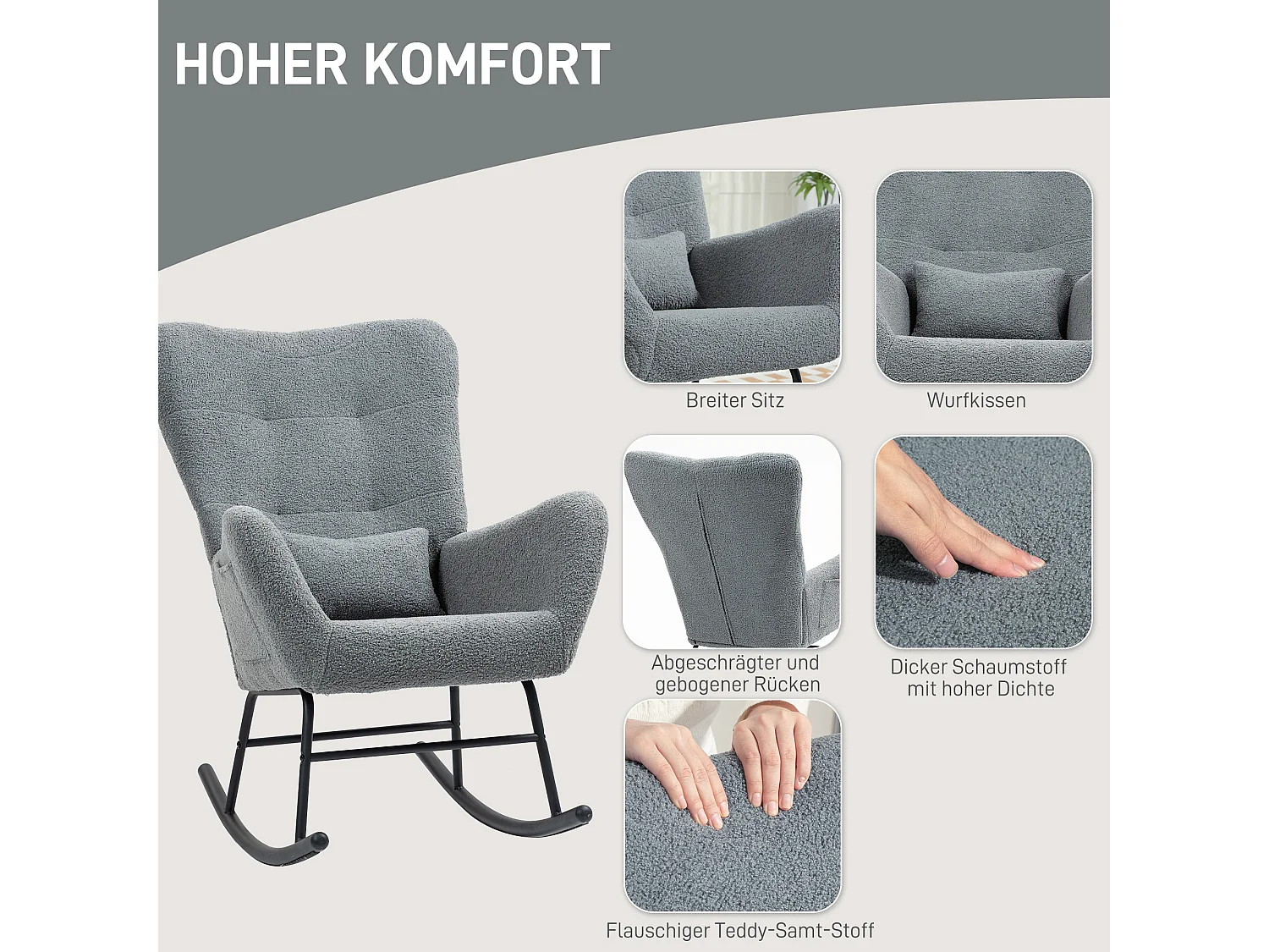 Fauteuil à bascule aspect velours Teddy,accoudoirs,fauteuil d'allaitement