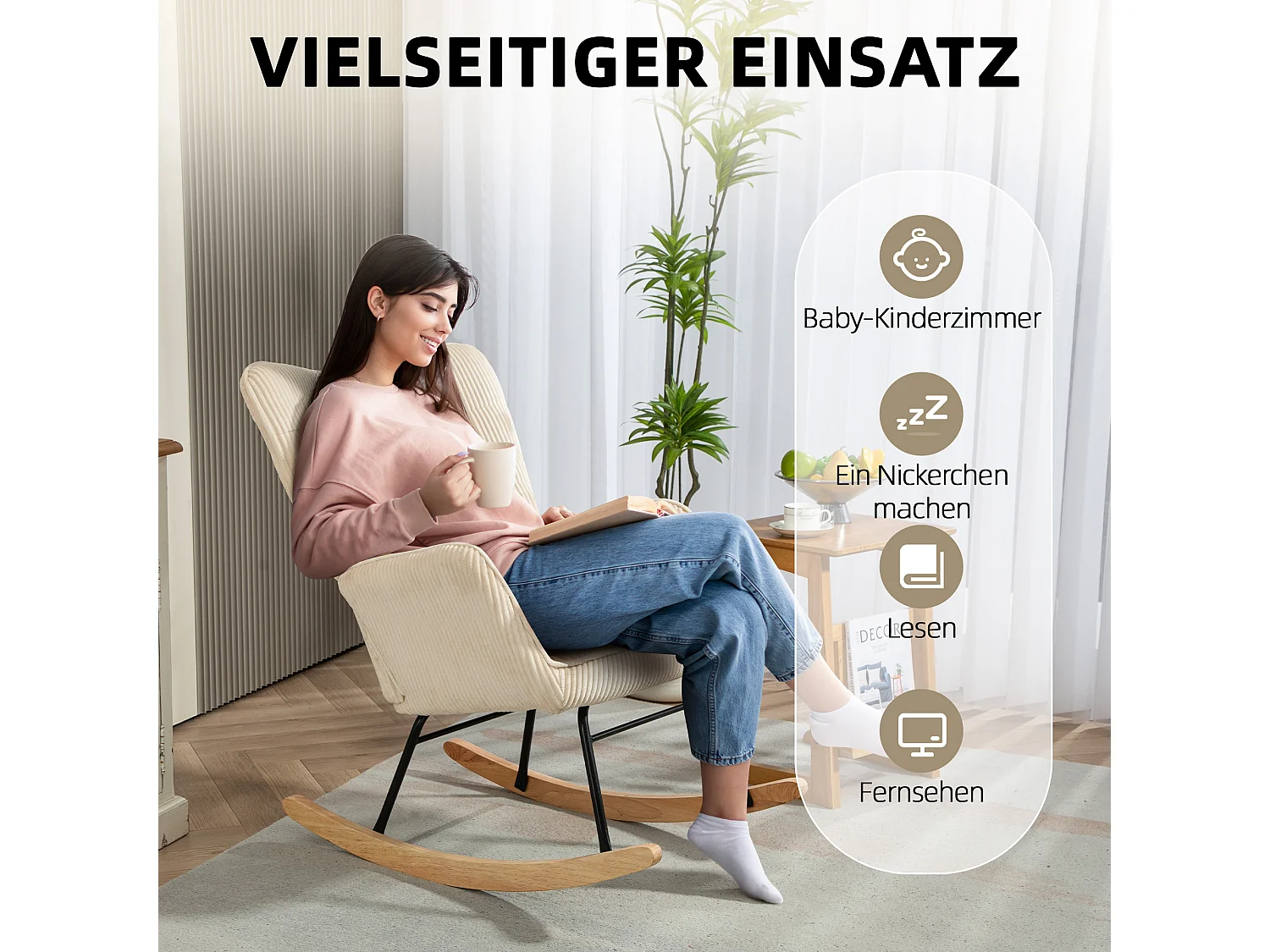 Loungesessel, Cordoptik, Armlehnen, Stuhl mit Holzgestell