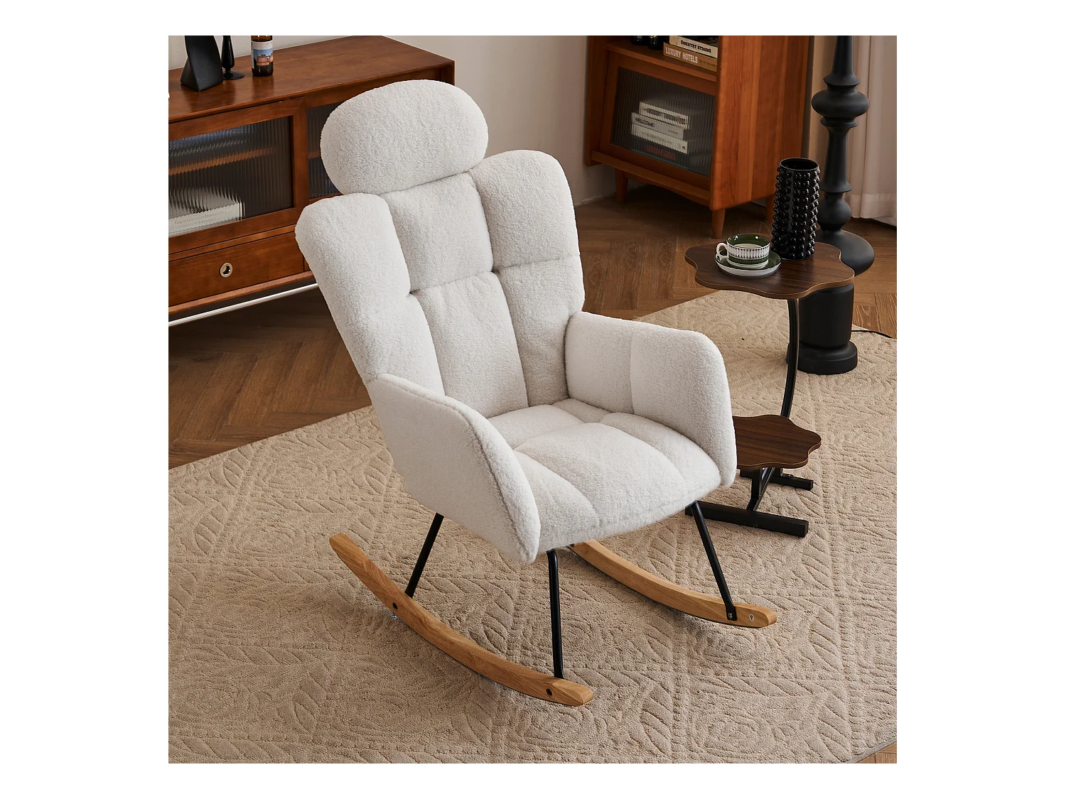 Fauteuil à bascule,tissu Teddy doux,capitonné,assise rembourrée,pour salon et chambre