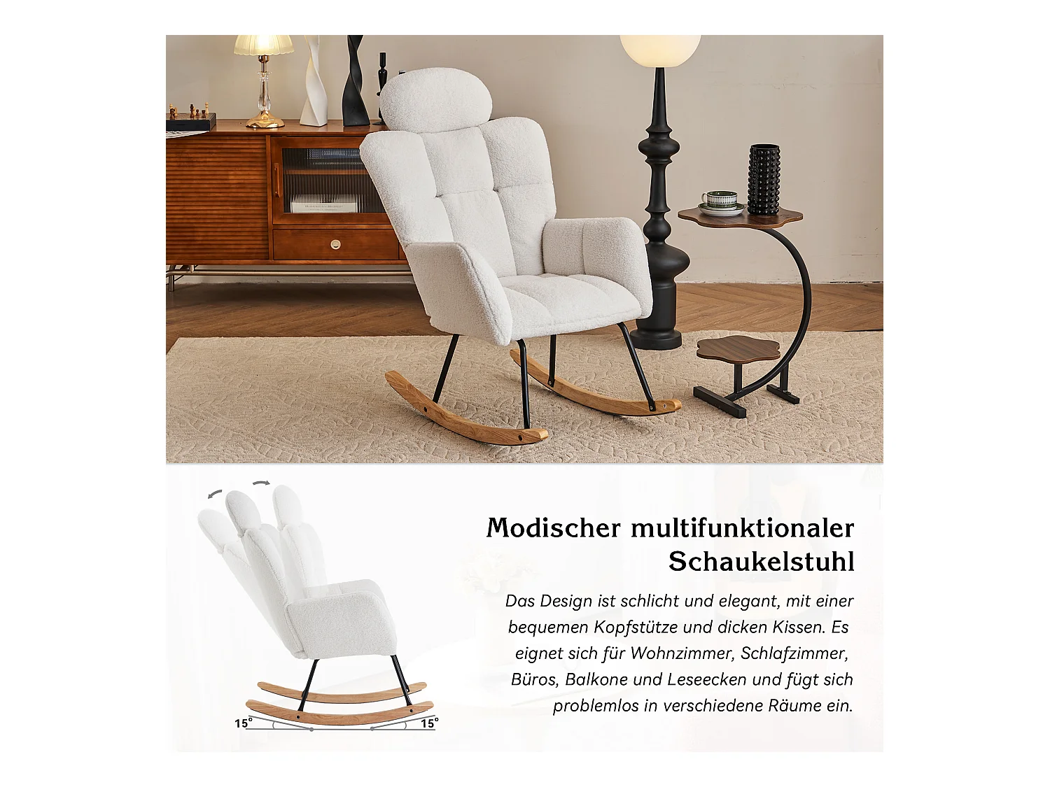 Fauteuil à bascule,tissu Teddy doux,capitonné,assise rembourrée,pour salon et chambre