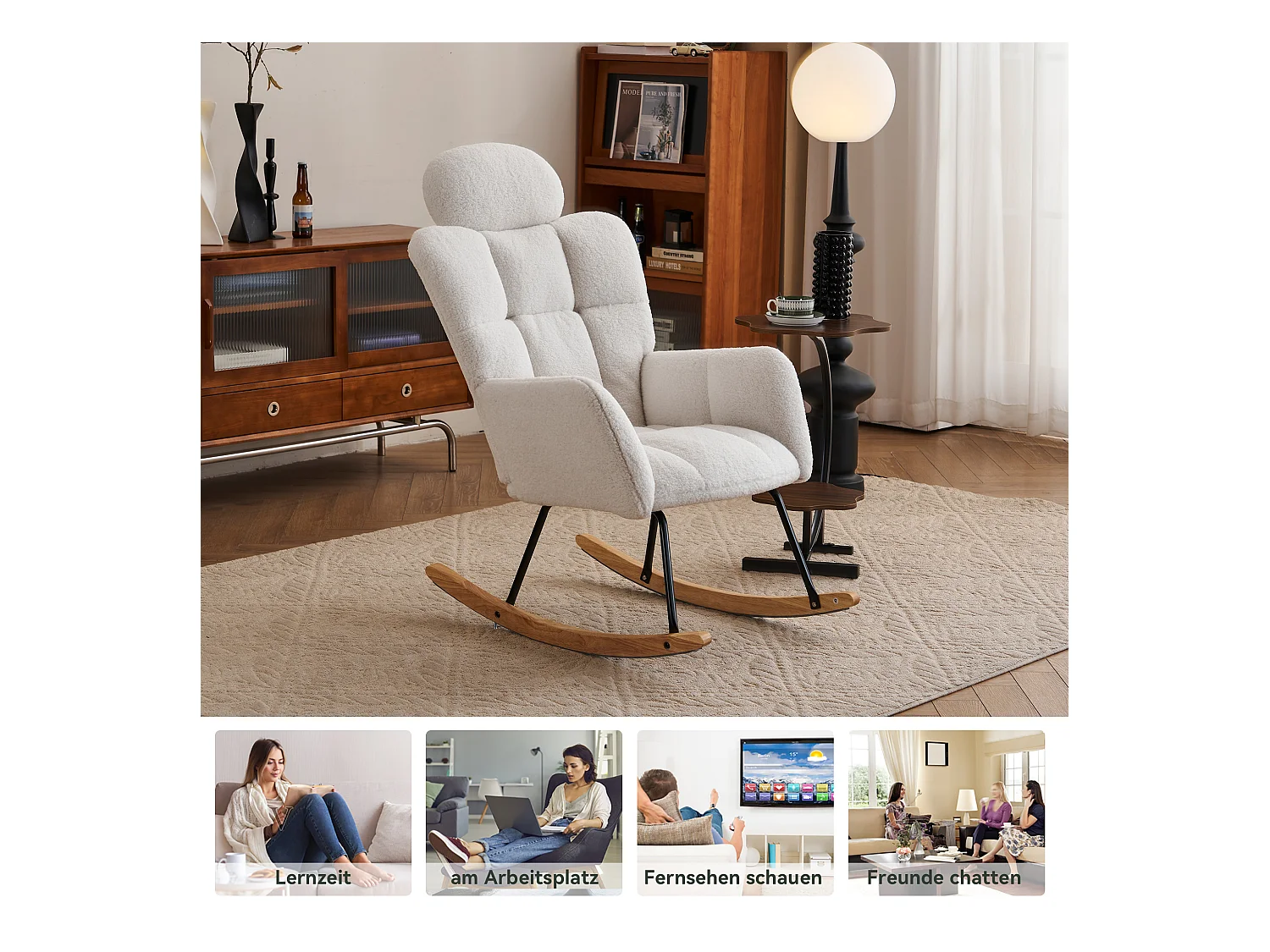 Fauteuil à bascule,tissu Teddy doux,capitonné,assise rembourrée,pour salon et chambre