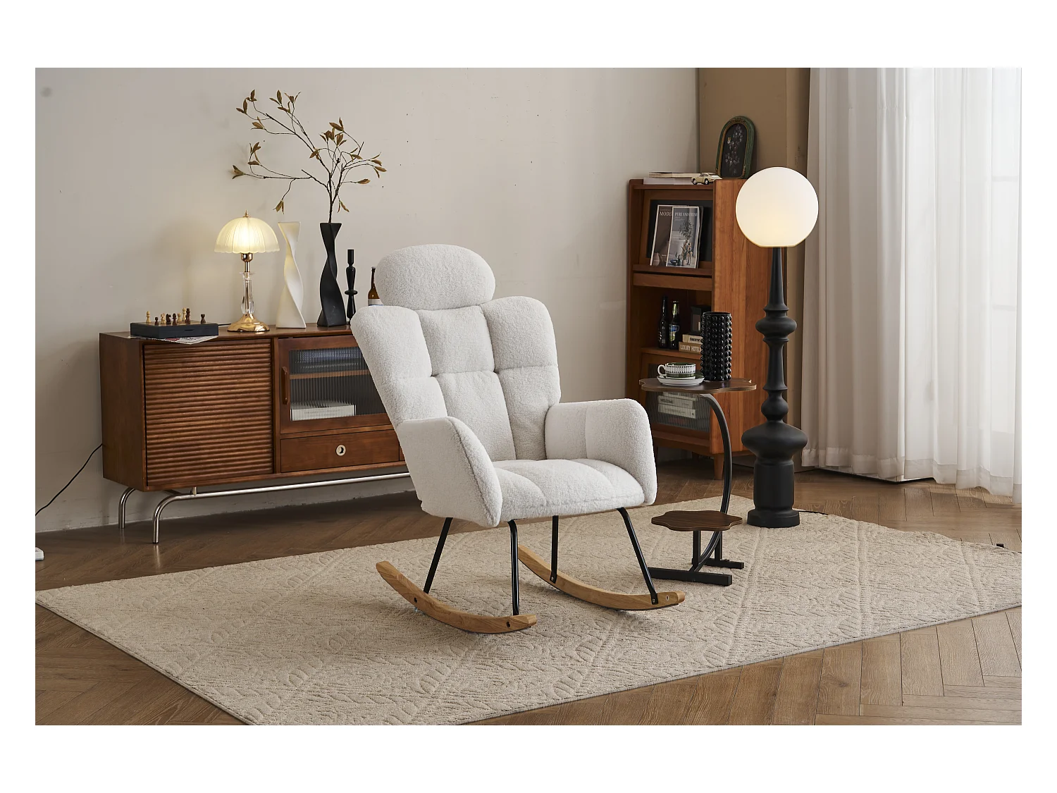 Fauteuil à bascule,tissu Teddy doux,capitonné,assise rembourrée,pour salon et chambre