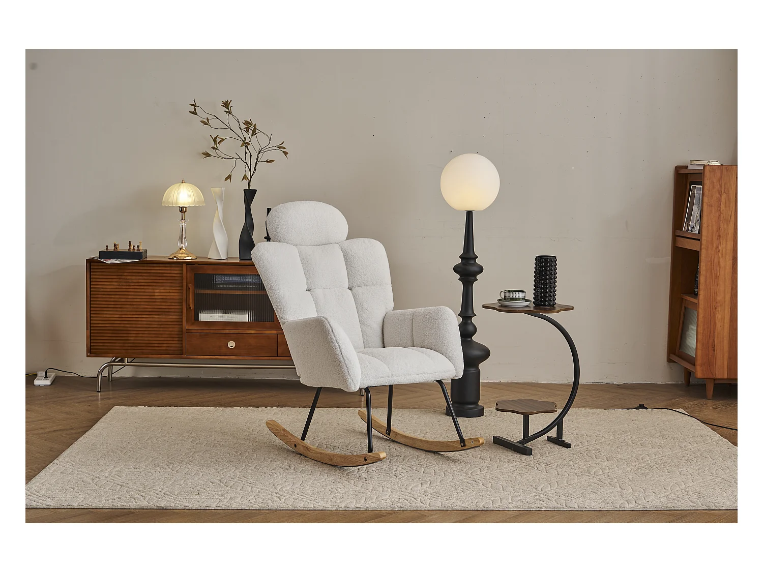 Fauteuil à bascule,tissu Teddy doux,capitonné,assise rembourrée,pour salon et chambre