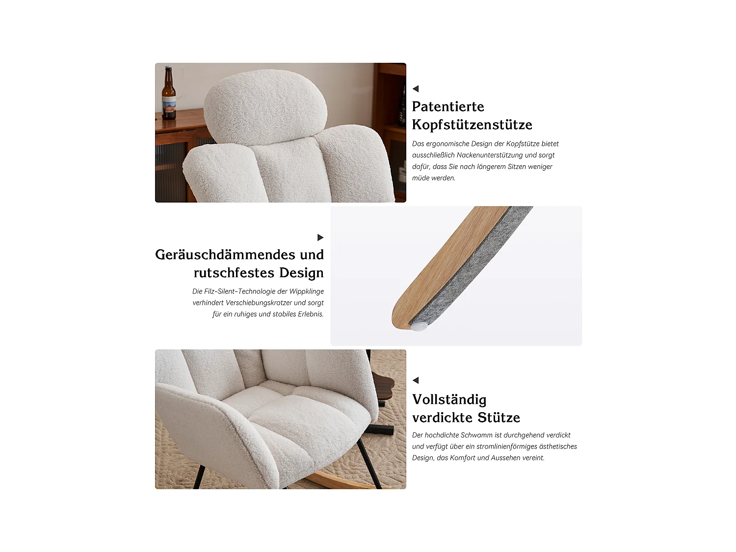 Schaukelstuhl, weicher Teddystoff, gesteppt, gepolsterte Sitzfläche, für Wohn- und Schlafzimmer