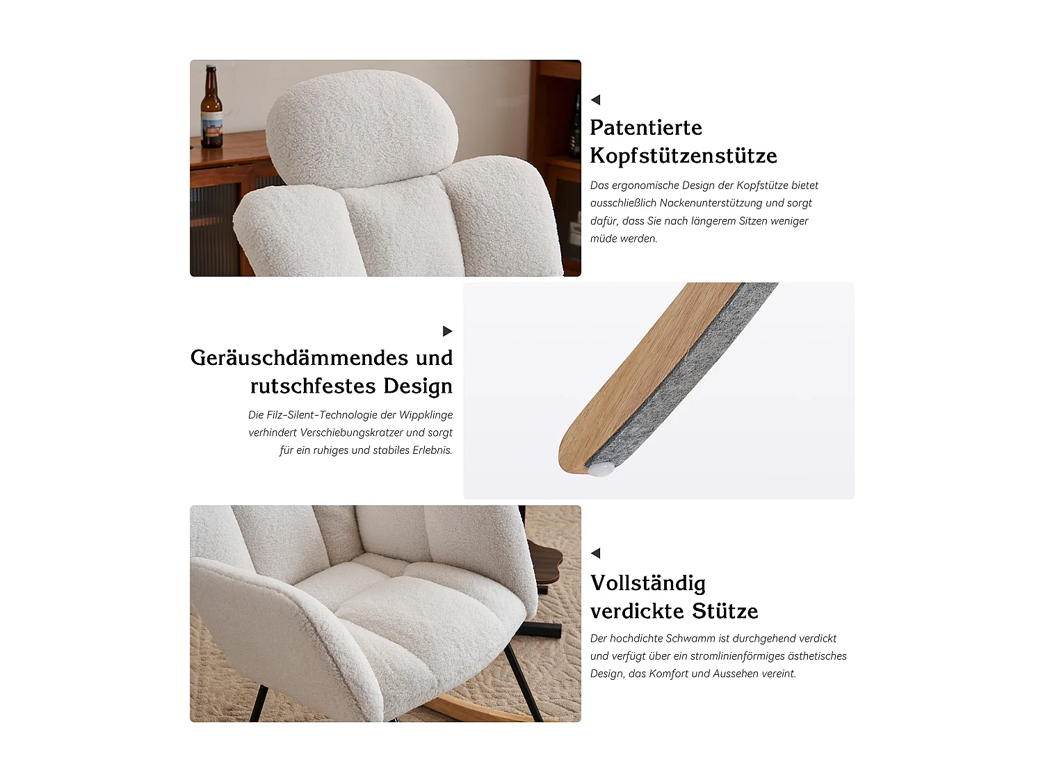 Cadeira de baloiço, tecido macio de pelúcia, assento almofadado e capitonê, para sala de estar e quarto