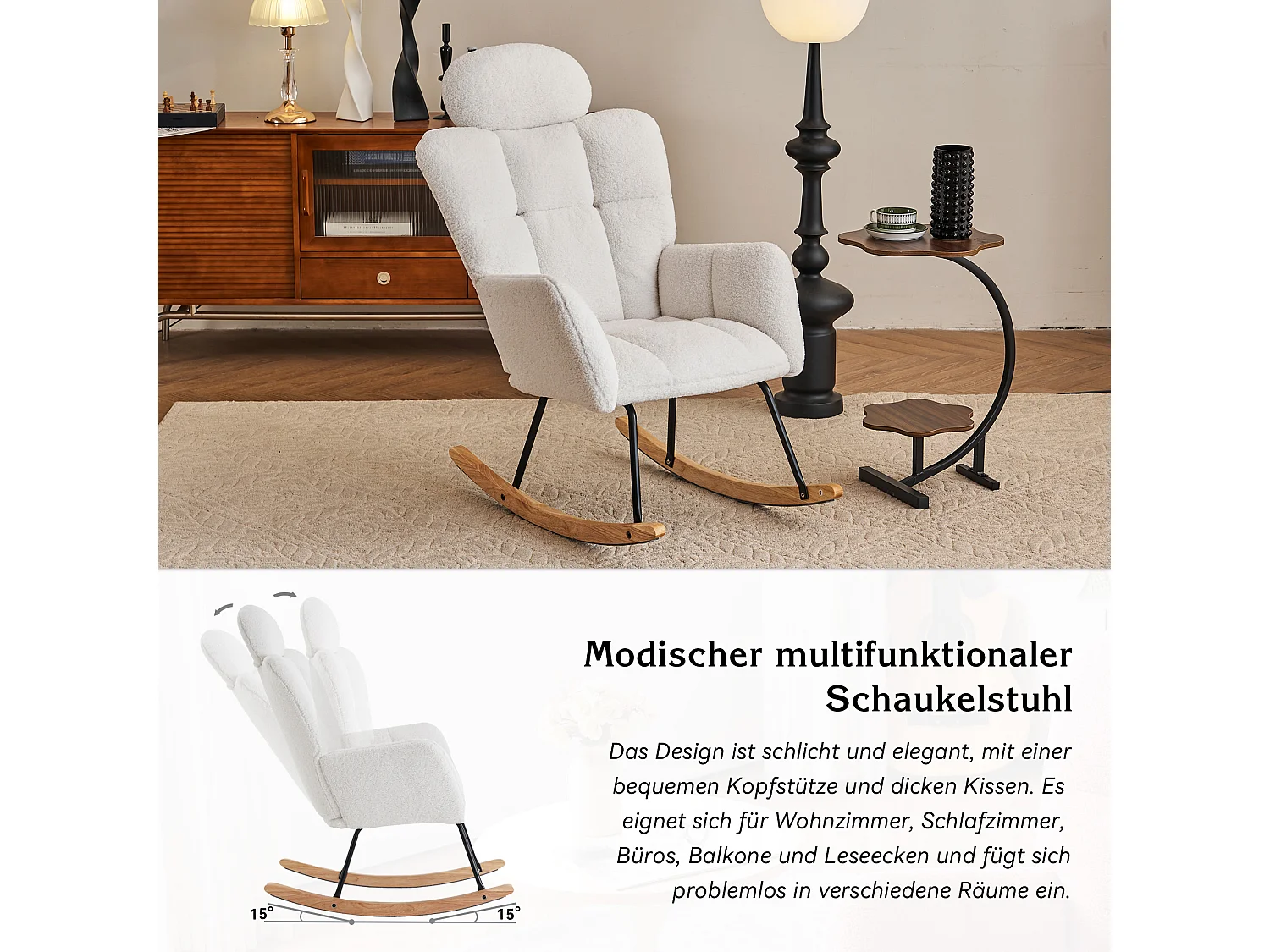 Cadeira de baloiço, tecido macio de pelúcia, assento almofadado e capitonê, para sala de estar e quarto