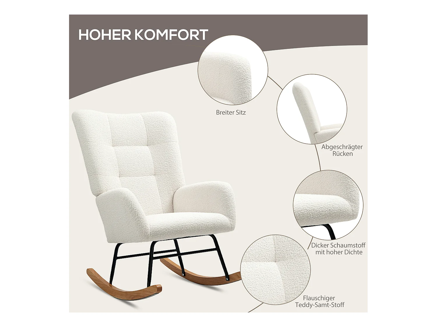 Fauteuil à bascule avec accoudoirs,aspect velours,fauteuil relax avec patins en bois