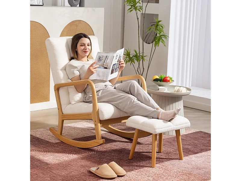 Cadeira de baloiço com apoio para os pés, cadeira de baloiço com capa de lã, apoios de braços