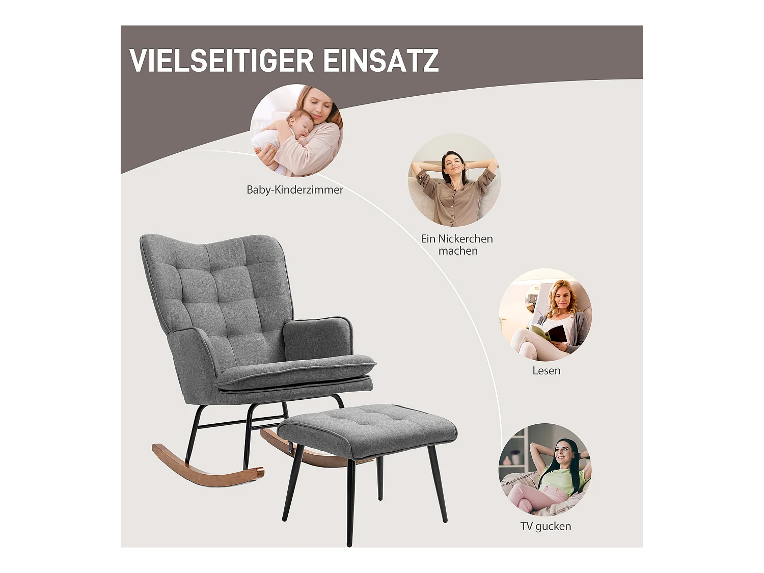 Schaukelstuhl mit Fußstütze, Relaxsessel in Leinen-Optik mit Armlehnen