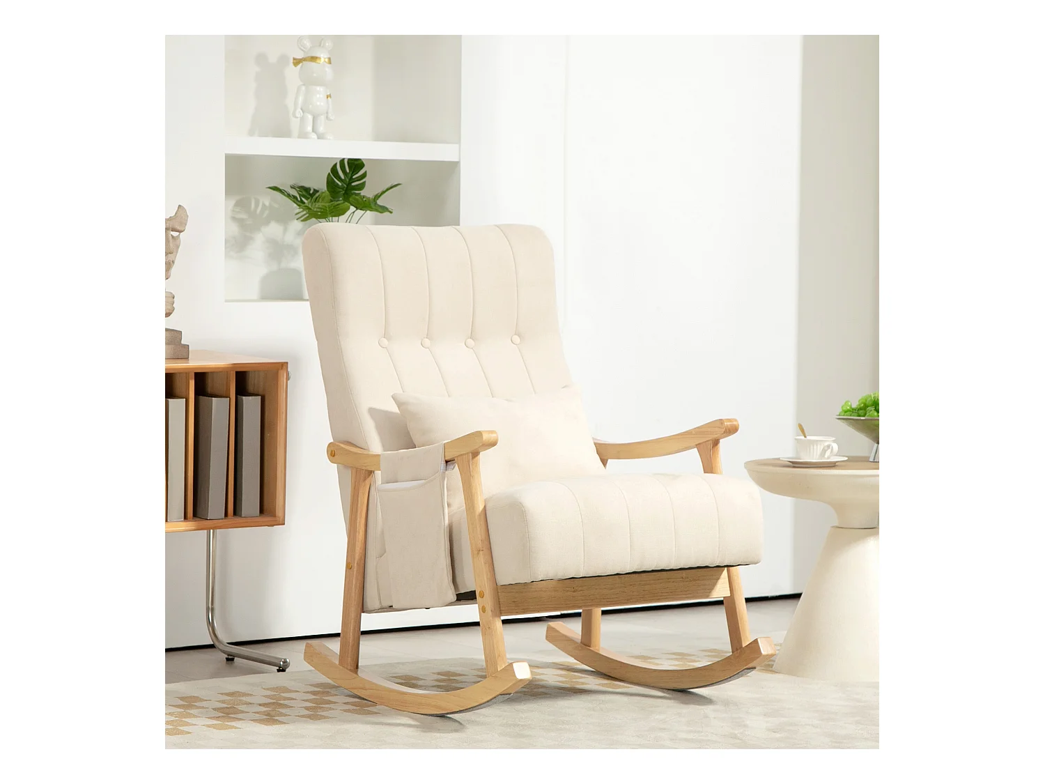 Fauteuil à bascule rembourré avec coussin lombaire,poche latérale,structure en bois