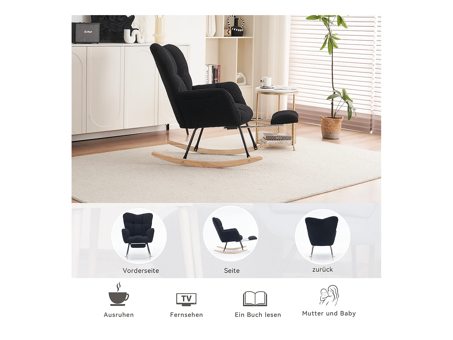 Fauteuil à bascule moderne avec revêtement en taffetas Teddy et repose-pieds extensible