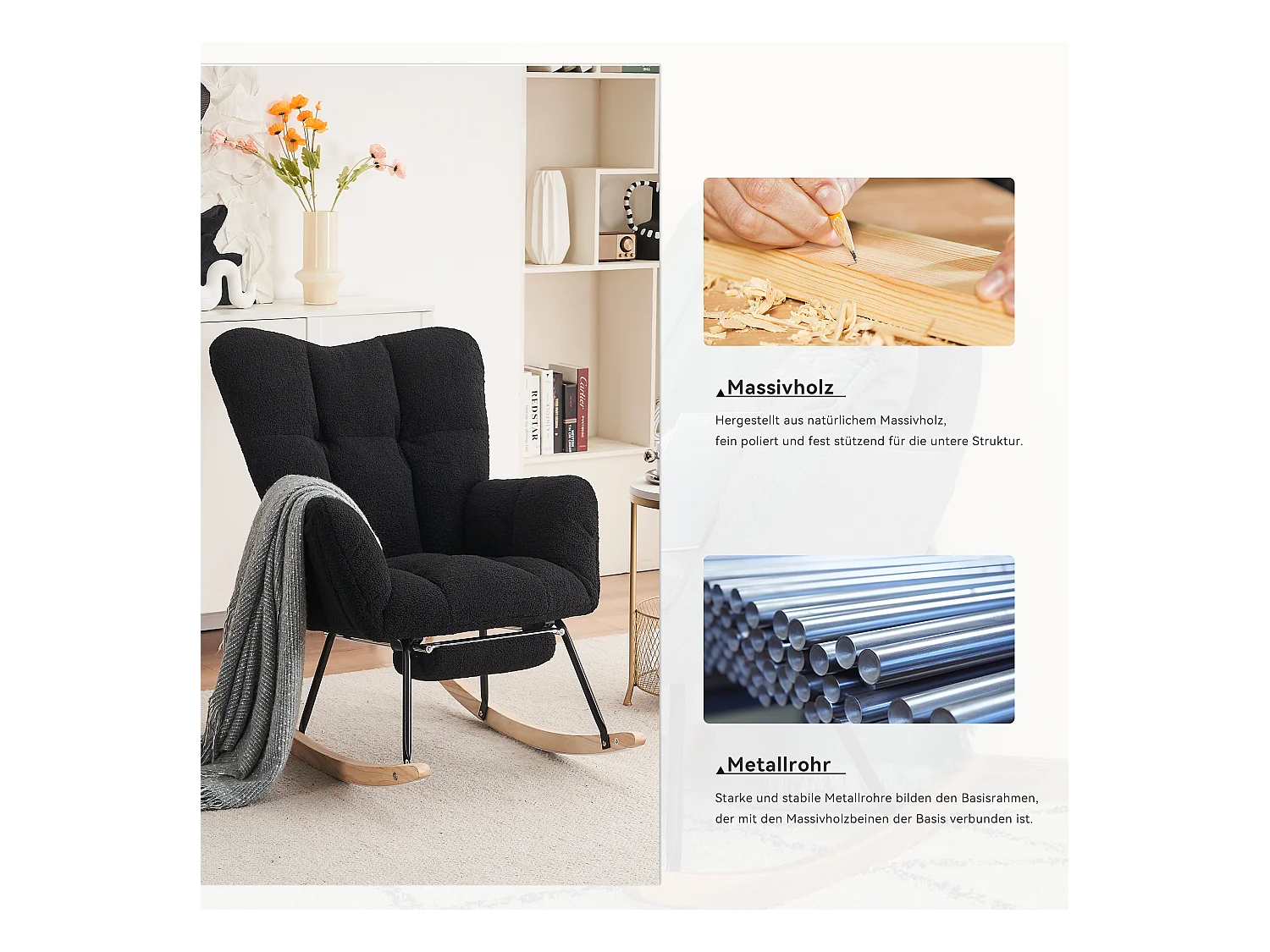 Fauteuil à bascule moderne avec revêtement en taffetas Teddy et repose-pieds extensible